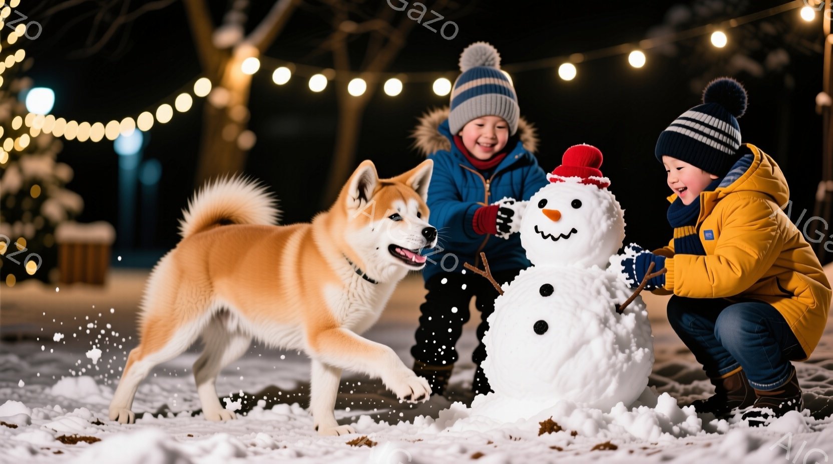 雪景色の中で、少年と柴犬が雪だるまを作っている様子が写っている。少年は青いニット帽をかぶり、黄色いジャケットと濃い青色のズボンを身につけ、雪だるまの顔を作るのに夢中になっている。柴犬は嬉しそうに飛び跳ね、雪が舞い散る中で楽しんでいる。