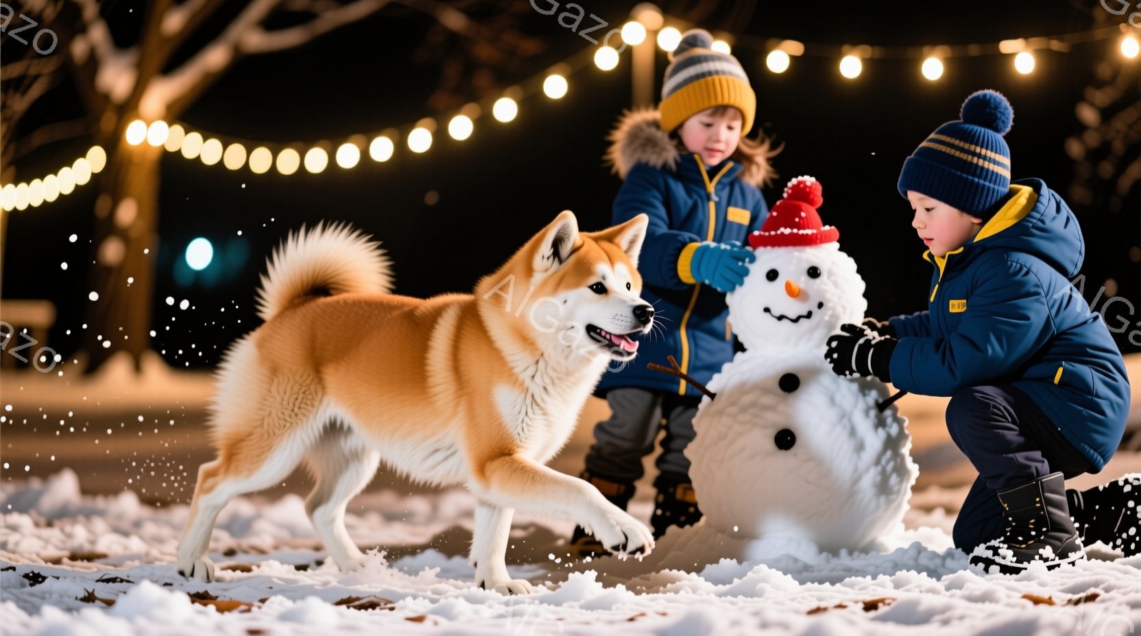 雪景色の中で、少年が雪だるまを作っており、そばには柴犬が駆け寄って遊んでいる様子が描かれています。少年は青い帽子とジャケットを着ており、雪だるまに顔のパーツを付けようとしています。背景には電飾が輝き、 - AI生成フリー素材