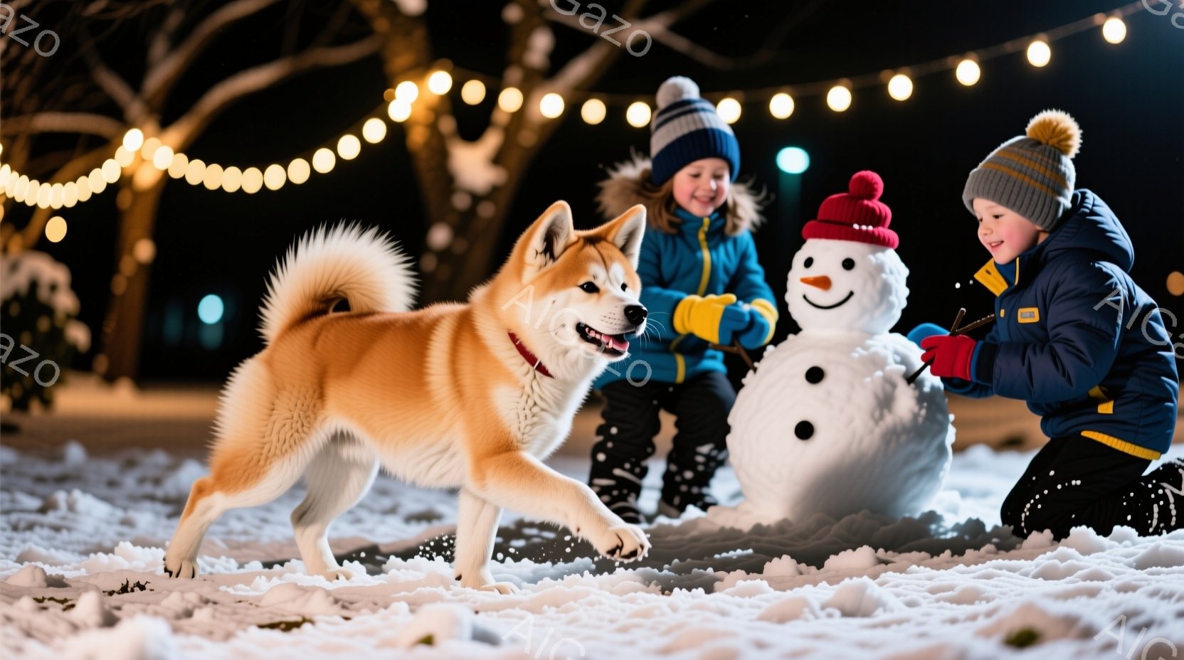 雪景色の中で、明るい茶色の柴犬が元気に走り回っています。二人の子供たちは、雪だるみを作り、楽しそうに笑っています。背景にはぼんやりとした木々と、温かい光を放つ電飾が並び、冬の夜の温かい雰囲気を醸し出しています。