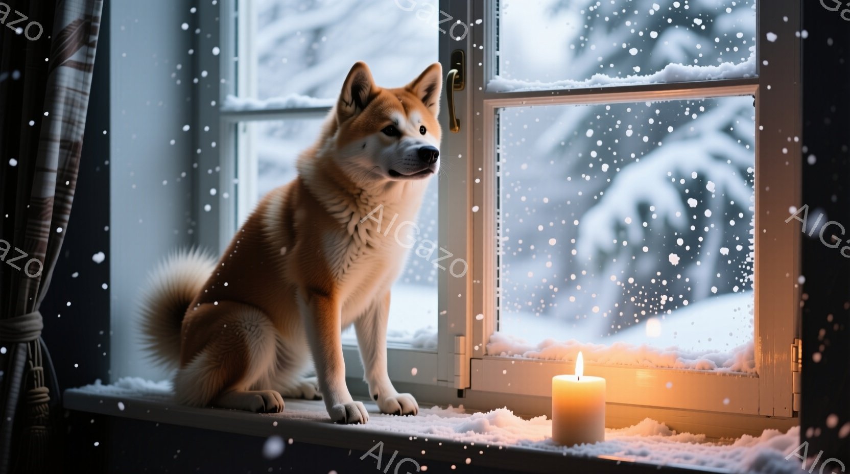 窓辺に秋田犬が座り、雪景色を眺めている。室内には暖炉の炎が灯り、窓枠には雪が積もっているため、温かく穏やかな雰囲気が漂っている。犬はリラックスした様子で、静かに冬の景色を楽しんでいる。 - AI生成フリー素材