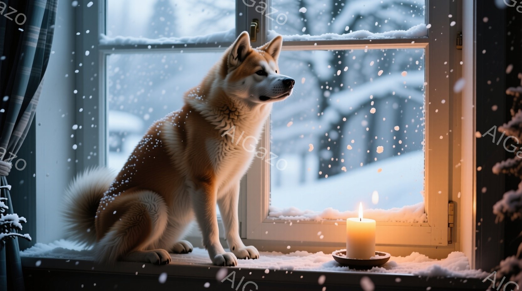 窓辺に秋田犬が座り、雪景色を眺めている。室内は暖かく、白いキャンドルが静かに灯っており、窓枠には雪が積もっている。穏やかで冬の安らぎを感じさせる、静謐な雰囲気である。 - AI生成フリー素材