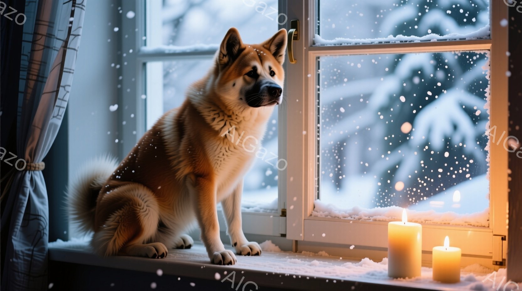 窓辺に秋田犬が座っており、外は雪が降る冬の景色が見える。犬は落ち着いた表情で、窓の外を眺めているようだ。窓台には暖かく灯るキャンドルが数本置かれ、穏やかで温かい雰囲気を醸し出している。 - AI生成フリー素材