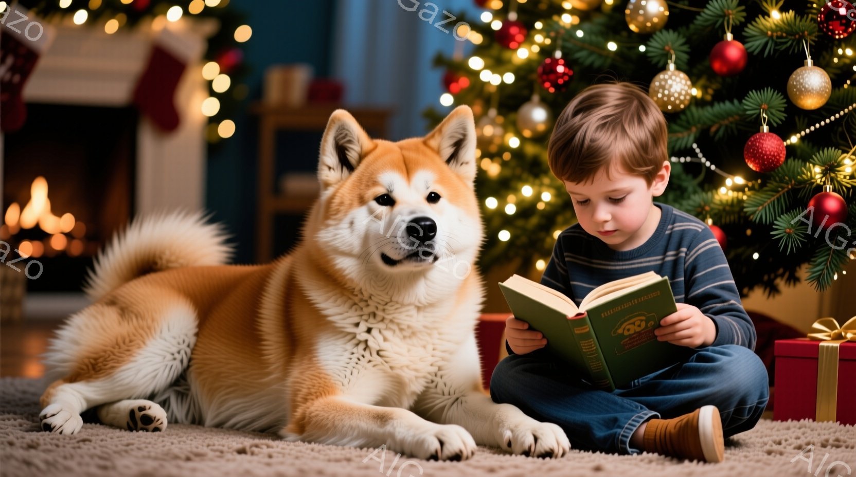 少年はカーペットの上に座って本を読んでおり、隣には大きな秋田犬が横たわっています。少年は茶色の髪で、青いセーターと茶色の靴を履いています。背景にはクリスマスツリーやプレゼント、暖炉があり、暖かく、お祝 - AI生成フリー素材
