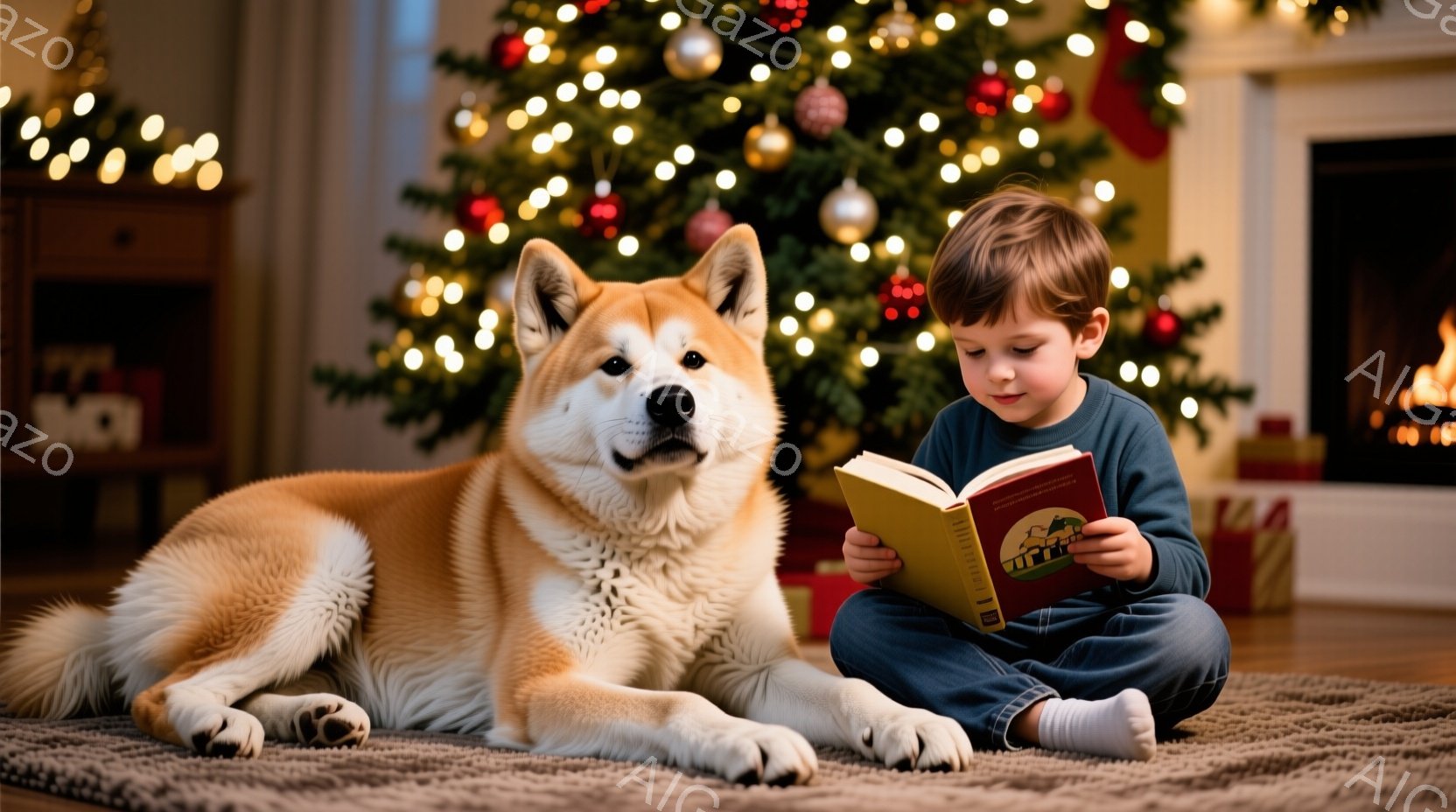 少年は紺色のズボンと赤いセーターを着て、床に座って本を読んでいます。隣には大きな秋田犬が横たわり、リラックスした様子で少年の読書を眺めているようです。背景にはクリスマスツリーが飾られ、暖炉の火が灯って - AI生成フリー素材