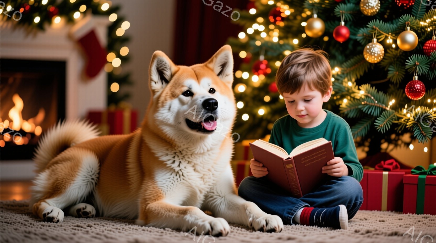 少年は緑色の長袖シャツとジーンズを着て、プレゼントの箱に囲まれた床に座って本を読んでいます。隣には、リラックスして横になっている秋田犬がいます。背景には、飾り付けられたクリスマスツリーと暖炉があり、温 - AI生成フリー素材