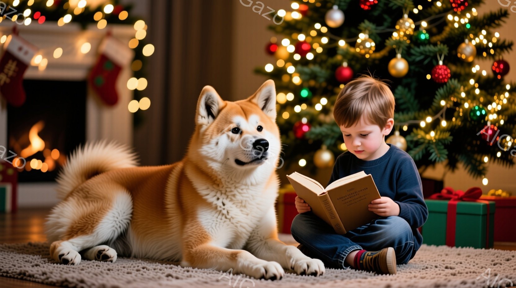 少年はカーペットの上に座って本を読んでおり、隣には柴犬が横たわっています。少年はジーンズと濃い青色のセーターを着ており、短い茶色の髪をしています。背景には、クリスマスツリーや暖炉があり、温かく心地よい - AI生成フリー素材