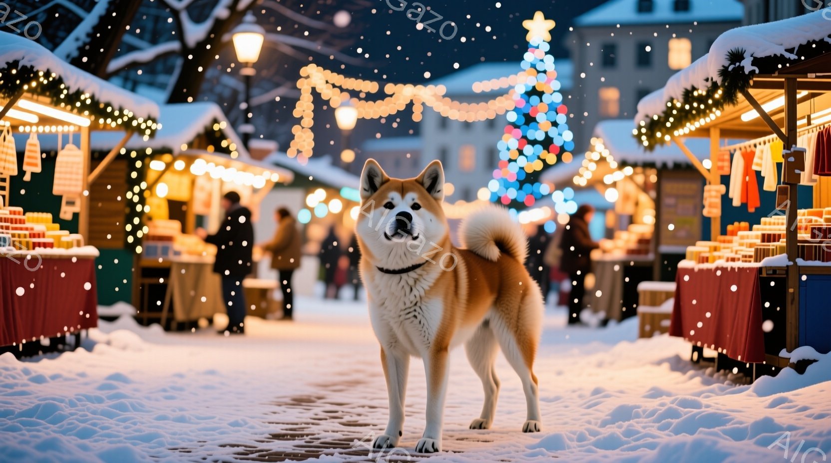 雪が舞うクリスマスマーケットの通りに、柴犬が凛々と立っている。背景には、色とりどりのイルミネーションで飾られたクリスマスツリーや、商品が並んだ木製の屋台が並び、多くの人が暖かく装って楽しんでいる様子が - AI生成フリー素材