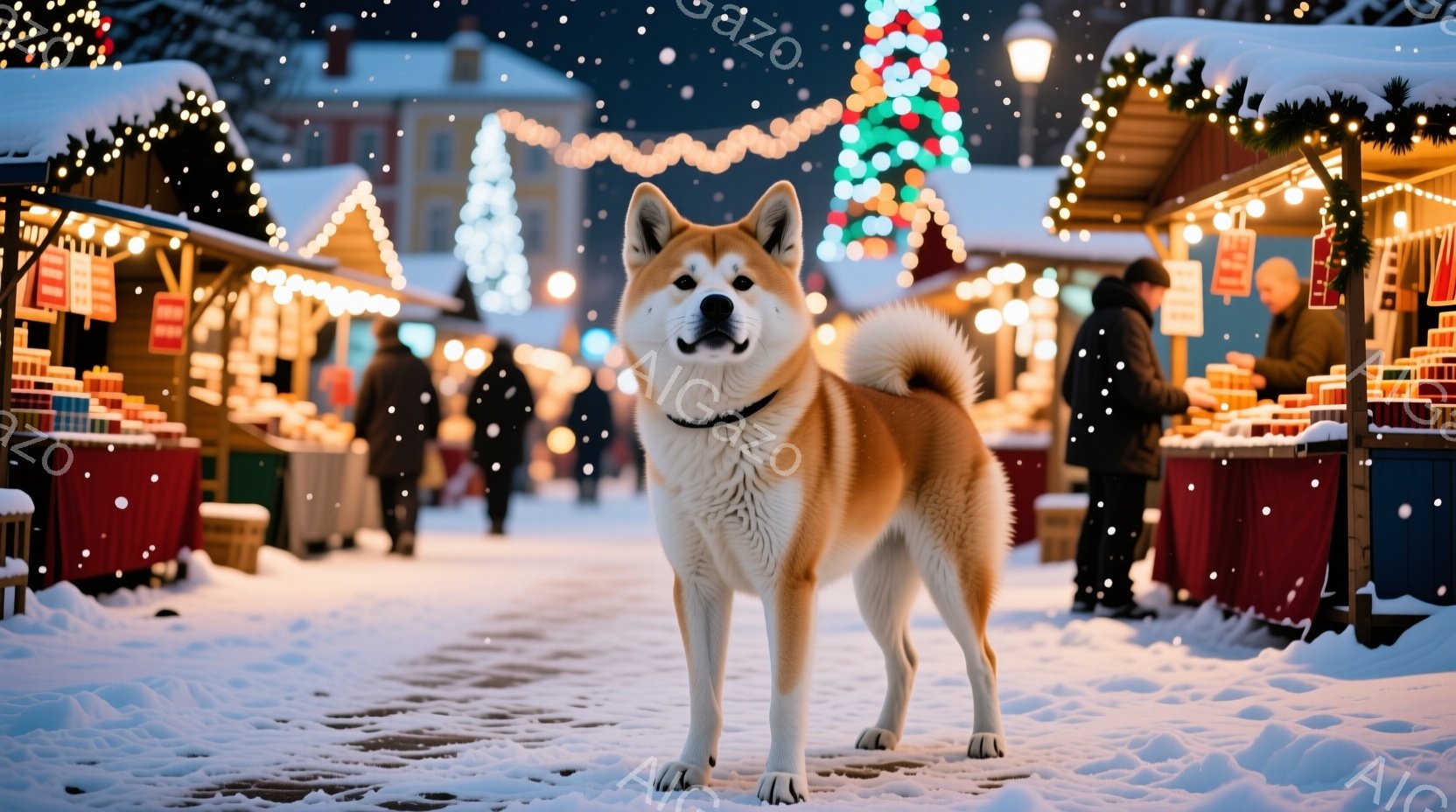 雪が舞うクリスマスマーケットの風景の中に、堂々と立つ秋田犬が写っています。犬は白い前足と明るい茶色の体毛を持ち、自信に満ちた表情で正面を見据えています。背景には、装飾されたクリスマスツリーや店が並び、 - AI生成フリー素材