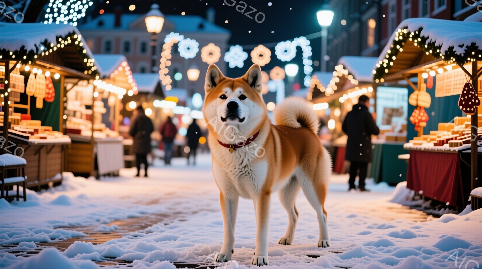 雪に覆われた石畳の道に、赤褐色の柴犬が正面を向き、凛々しく立っている。背景にはクリスマスのイルミネーションで飾られた屋台が並び、多くの人々が歩いているのがぼんやりと見える。暖かく幻想的な雰囲気で、冬の - AI生成フリー素材