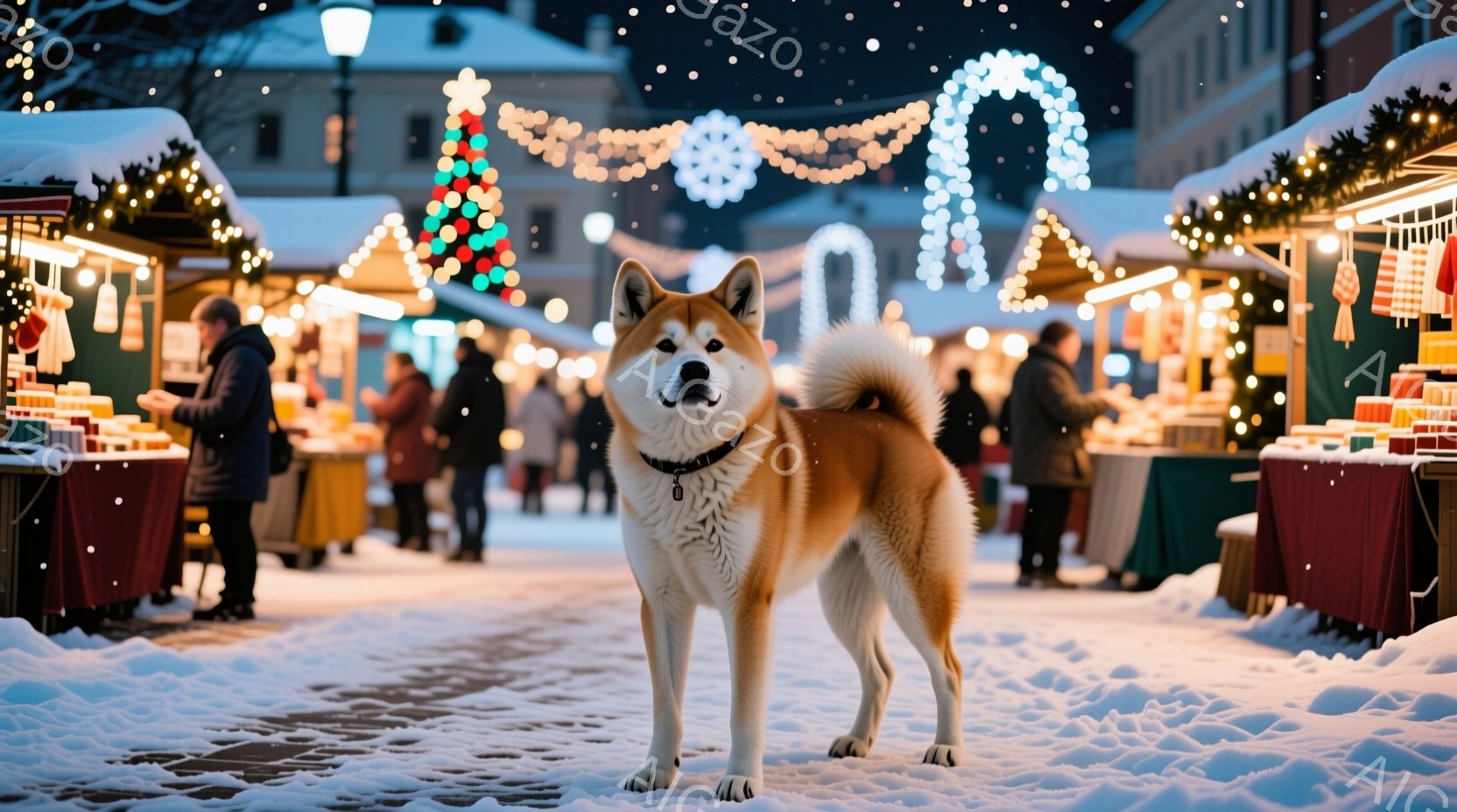 雪が降るクリスマスのマーケットで、柴犬が正面を向いて立っている。犬は茶色い毛並みで、首輪をつけており、凛々しい表情をしている。背景には、装飾された建物と賑やかな人々の姿が見え、暖かい光が雪景色を照らし - AI生成フリー素材