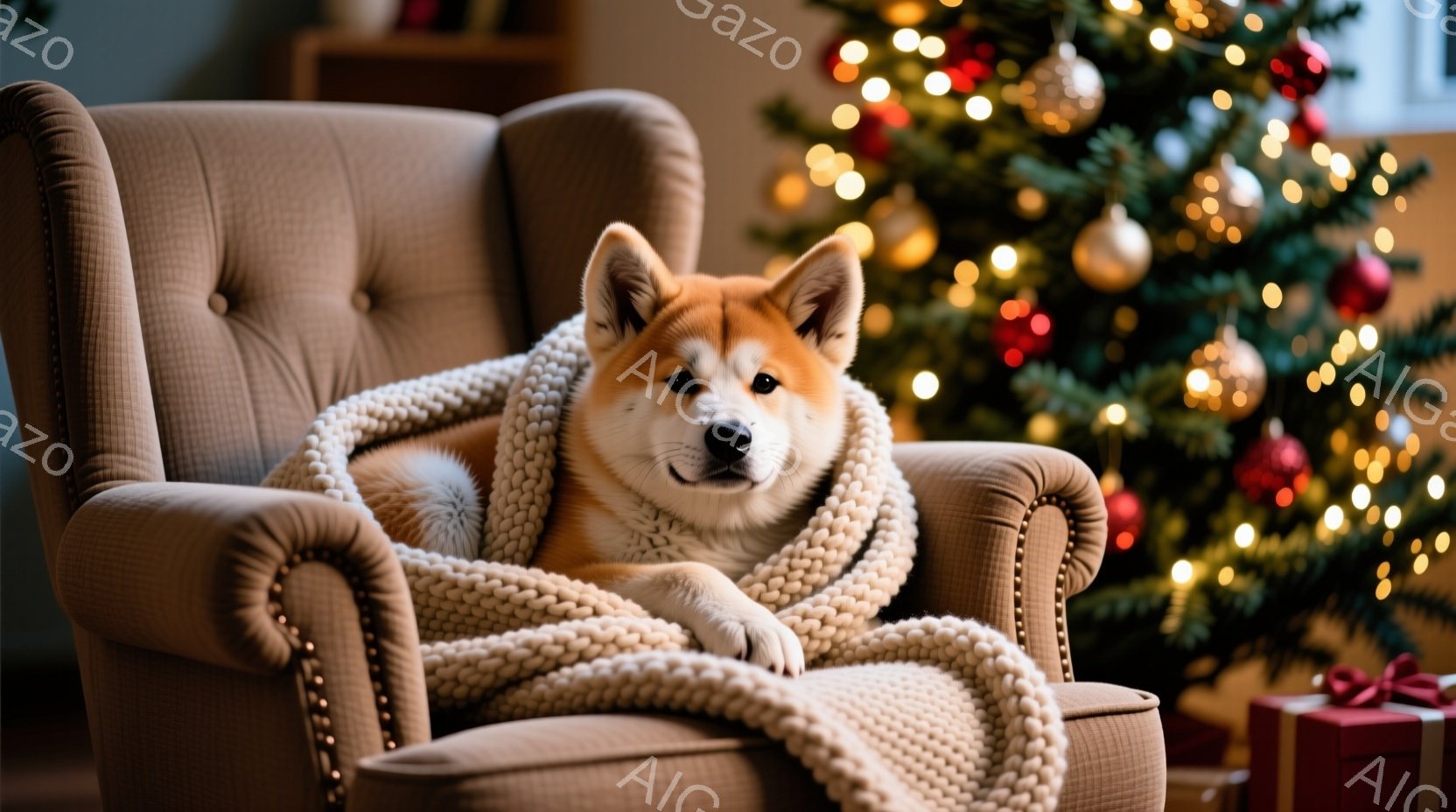 暖炉のような茶色の肘掛け椅子に、柴犬が丸まって座っています。柴犬は、オフホワイトのざっくり編んだブランケットに包まれ、穏やかで満足そうな表情をしています。背景には、飾り付けられたクリスマスツリーと赤い - AI生成フリー素材