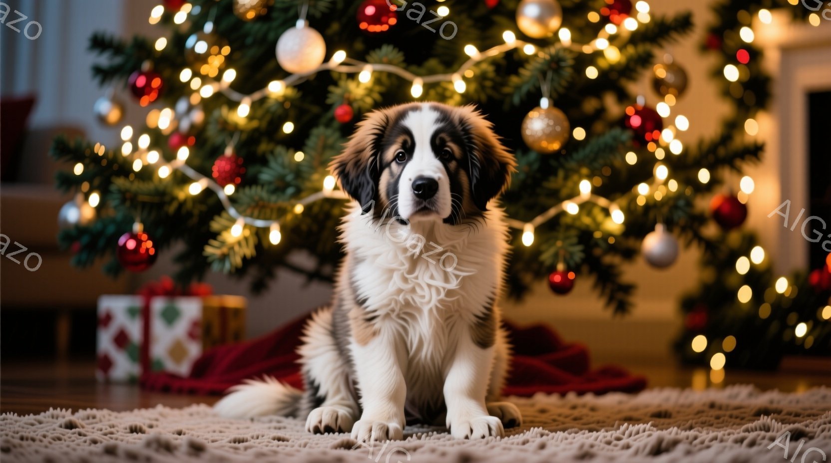 幼い子犬が、クリスマスツリーの前に座ってこちらを見ています。ふわふわとした毛並みで、顔は白と茶色のまだら模様です。背景には、装飾されたクリスマスツリーとプレゼントが置かれた赤い布があり、暖かいクリスマ - AI生成フリー素材