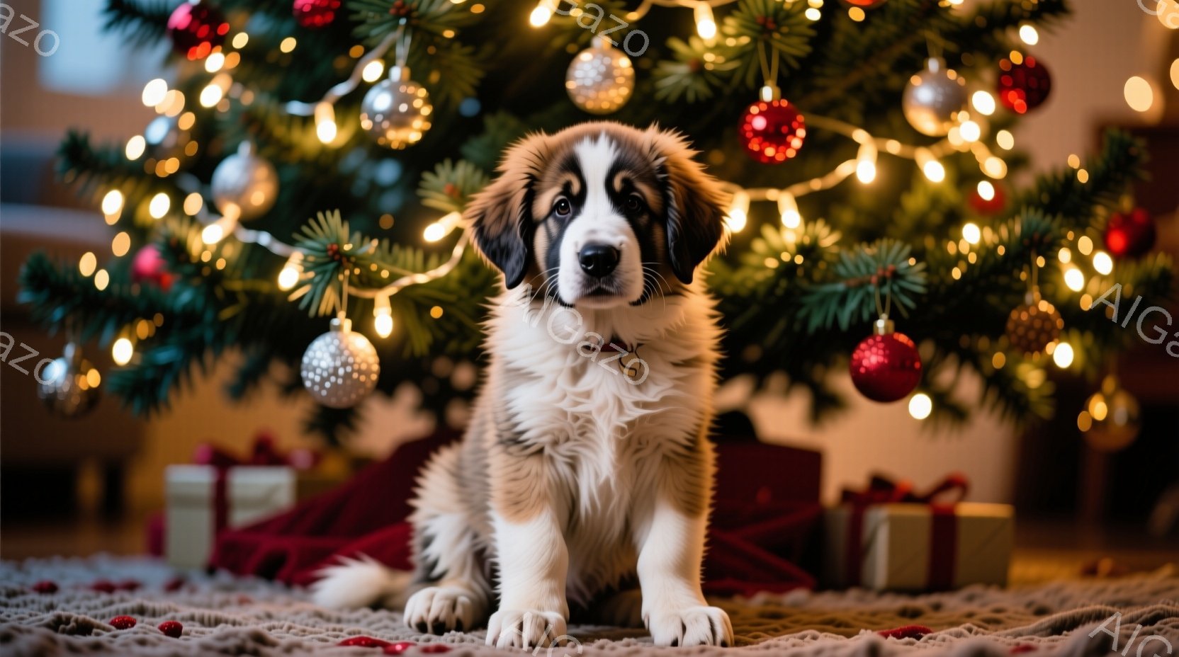 白と茶色の毛並みを持つ子犬が、クリスマスツリーの前で座っています。赤いリボンとタグのついた首輪をつけており、少し不安げながらもカメラを見つめる表情をしています。背景には、オーナメントで飾られたクリスマ - AI生成フリー素材