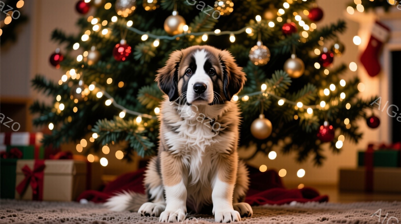 鮮やかなクリスマスツリーを背景に、子犬が正面を見つめて座っています。毛並みは白と茶色が混ざり、とても柔らかそうに見えます。プレゼントボックスや赤い布が周りに散らばっており、暖かくお祝いムードに満ちた雰 - AI生成フリー素材