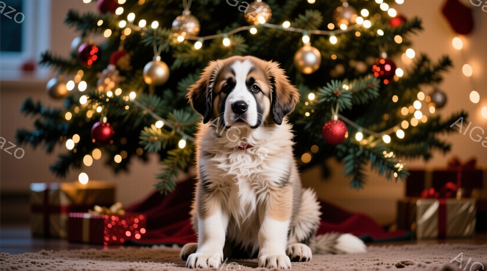 毛並みの美しい子犬が、クリスマスツリーの前で座っています。赤い首輪をつけており、まっすぐ前を見て穏やかな表情をしています。背景には、飾り付けられたクリスマスツリーとプレゼントの箱がぼやけ、温かく華やか - AI生成フリー素材