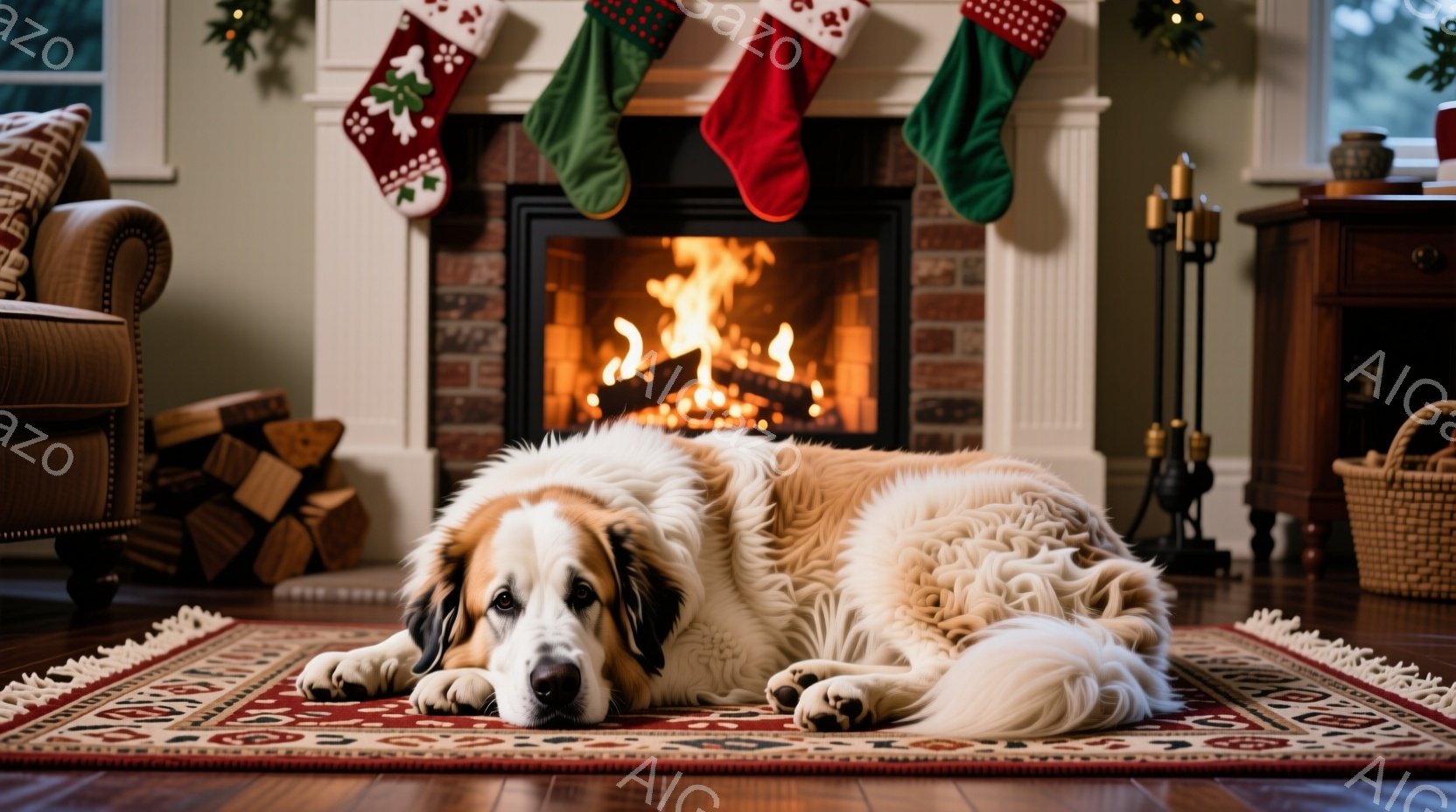 白い大型犬が、暖炉の前にある赤いペルシャ絨毯の上で横たわっています。暖炉では炎が燃え盛り、クリスマスの赤いストッキングが暖炉の上に飾られています。部屋は暖かく、居心地の良い雰囲気で、木製の家具や籐のバスケットが配置され、冬の暖炉のそばでくつろぐ様子が伝わってきます。
