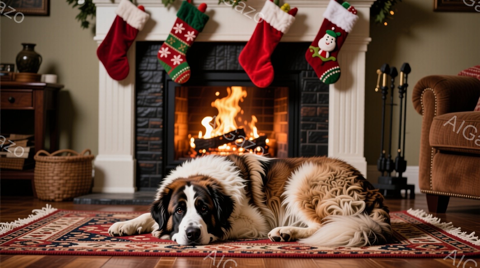 暖炉の前で大きなセント・バーナード犬が横たわっています。犬は茶色と白の毛並みで、リラックスした表情をしています。背景には、クリスマス柄の靴下が暖炉に掛けられ、木製の家具と暖かい色のラグが広がっており、クリスマスの温かく快適な雰囲気を醸し出しています。