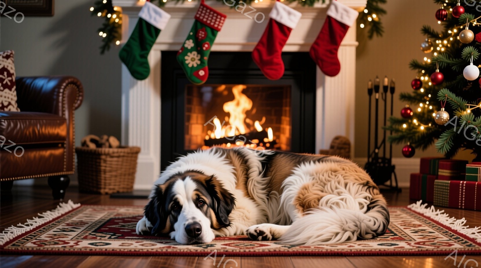 暖炉の前で大きなセント・バーナード犬が、ペルシャ絨毯の上でリラックスして横たわっています。背景には、クリスマスツリーと赤いクリスマスストッキングが飾られ、温かく居心地の良い雰囲気を醸し出しています。暖炉の炎が犬と部屋全体を柔らかい光で照らし、穏やかで平和な冬の情景を表現しています。