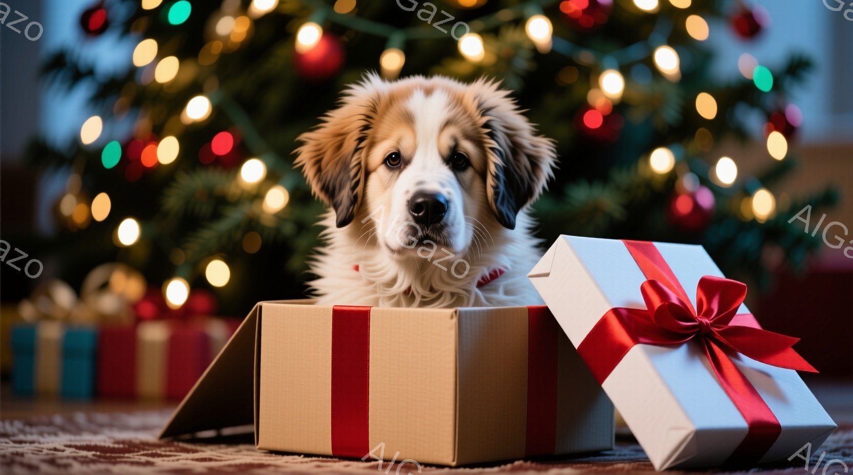 ふわふわの毛並みを持つ犬が、開いたプレゼントボックスから顔を出しています。赤いリボンと包装紙で飾られた箱は、クリスマスの飾り付けに囲まれた床の上に置かれています。背景にはぼやけたクリスマスツリーの光が - AI生成フリー素材