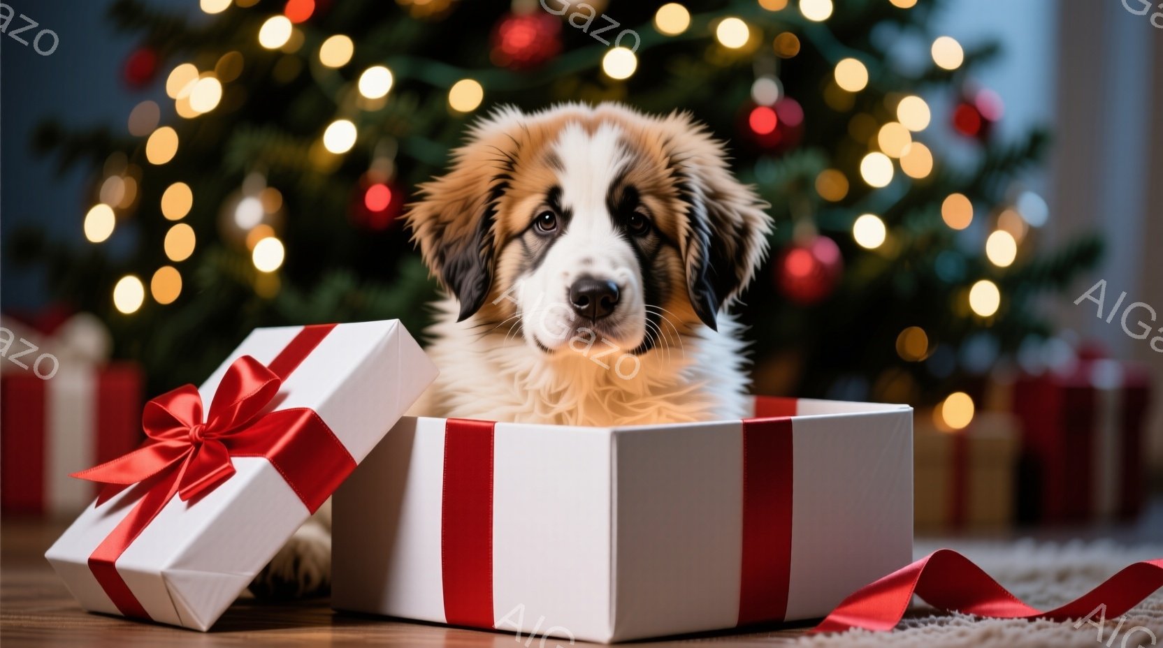 クリーム色のゴールデンレトリバーがクリスマスツリーの枝に前足を伸ばし、興味津々とした表情で何かを確かめています。ツリーは赤、金、緑のオーナメントで飾られており、背景にはぼやけた暖炉やクリスマスストッキ - AI生成フリー素材