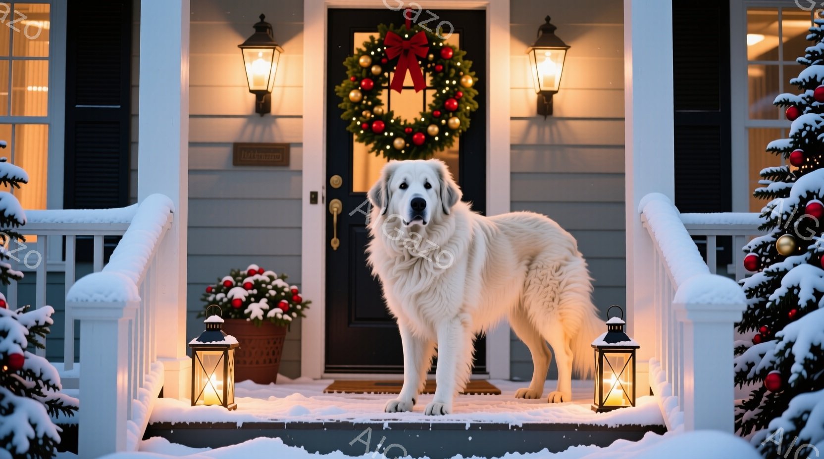 白い毛並みの大型犬が、雪に覆われた家の玄関前に堂々と立っている。玄関にはクリスマスリースが飾られ、両脇には明かりが灯ったランタンが置かれている。背景には雪で覆われた木々と、温かい光を放つ家があり、穏や - AI生成フリー素材