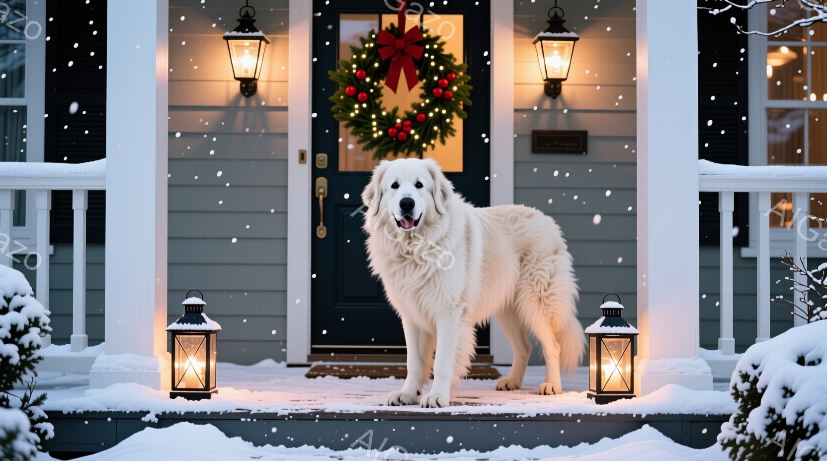 雪が降り積もる家の玄関前に、白い大型犬が立っている。犬はまっすぐ前を見ており、ふわふわとした毛並みが印象的だ。玄関にはクリスマスリースが飾られ、両脇には灯りが灯ったランタンが置かれ、温かい冬の雰囲気を - AI生成フリー素材