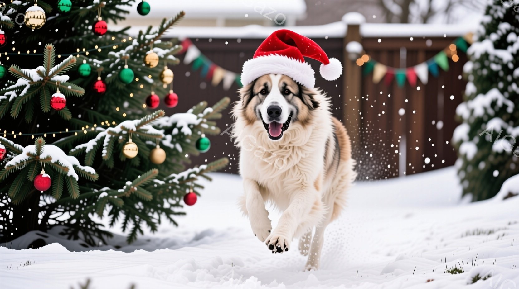 白い毛並みの大型犬が、赤いサンタ帽をかぶり、雪の上を駆けている。背景には飾り付けられたクリスマスツリーがあり、雪が舞っている様子から冬の暖かいお祝いの雰囲気が伝わってくる。犬は口を開けて楽しそうに走っ - AI生成フリー素材