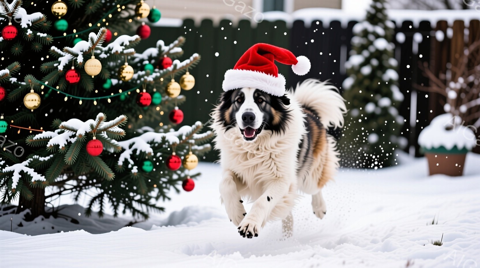 白い毛並みと黒い斑点を持つ大型犬が、クリスマスの帽子を被って雪の上を駆けている。背景には、赤いオーナメントで飾られたクリスマスツリーが見え、雪が降り積もる冬の庭を彩っている。犬の表情は楽しそうで、活気に満ちたクリスマスの雰囲気を伝えている。