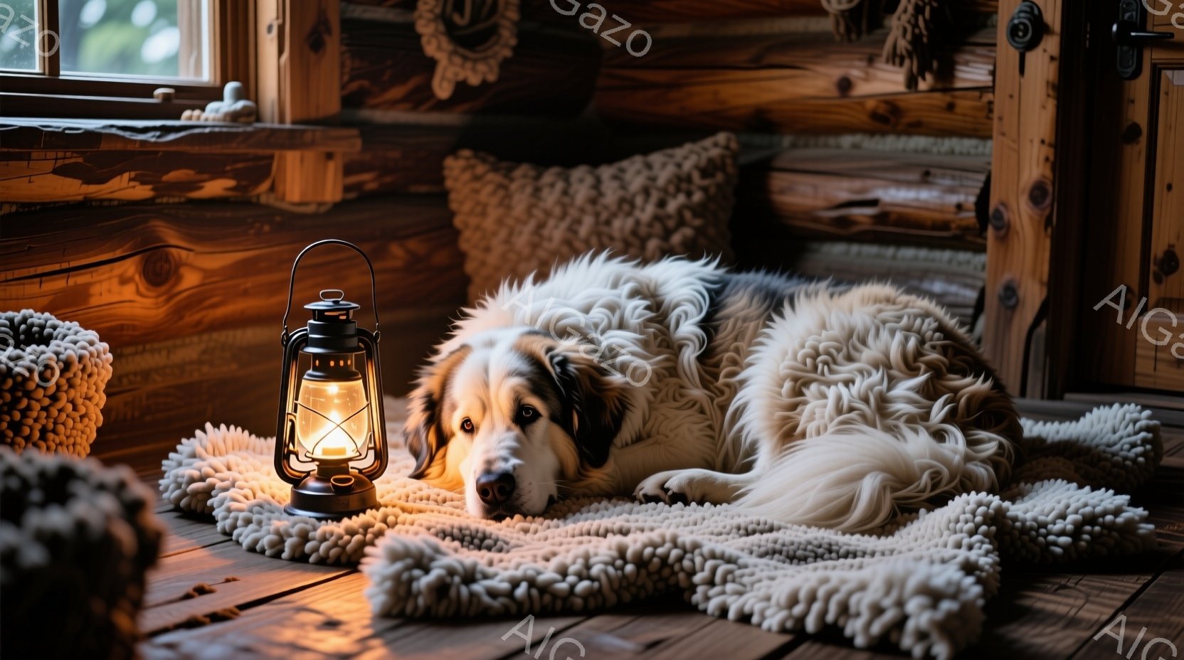 暖炉のある木の部屋で、毛むくじゃらの大型犬がふわふわの白いラグの上に横たわっています。犬は落ち着いた表情で、少しだけこちらを見ています。背景には、手作りの装飾品と温かい光が灯るランタンがあり、部屋全体が穏やかで居心地の良い雰囲気を醸し出しています。