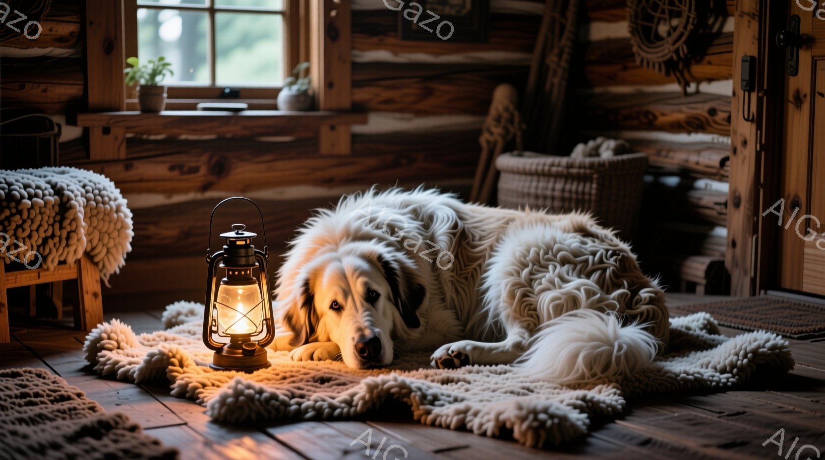 白い毛並みの大型犬が、毛皮のような敷物の上に横たわっています。背景には木製の壁と床があり、ランプの温かい光が犬と敷物を照らし出しています。全体的に暖かく、落ち着いた雰囲気で、犬がリラックスしてくつろいでいる様子が伝わってきます。