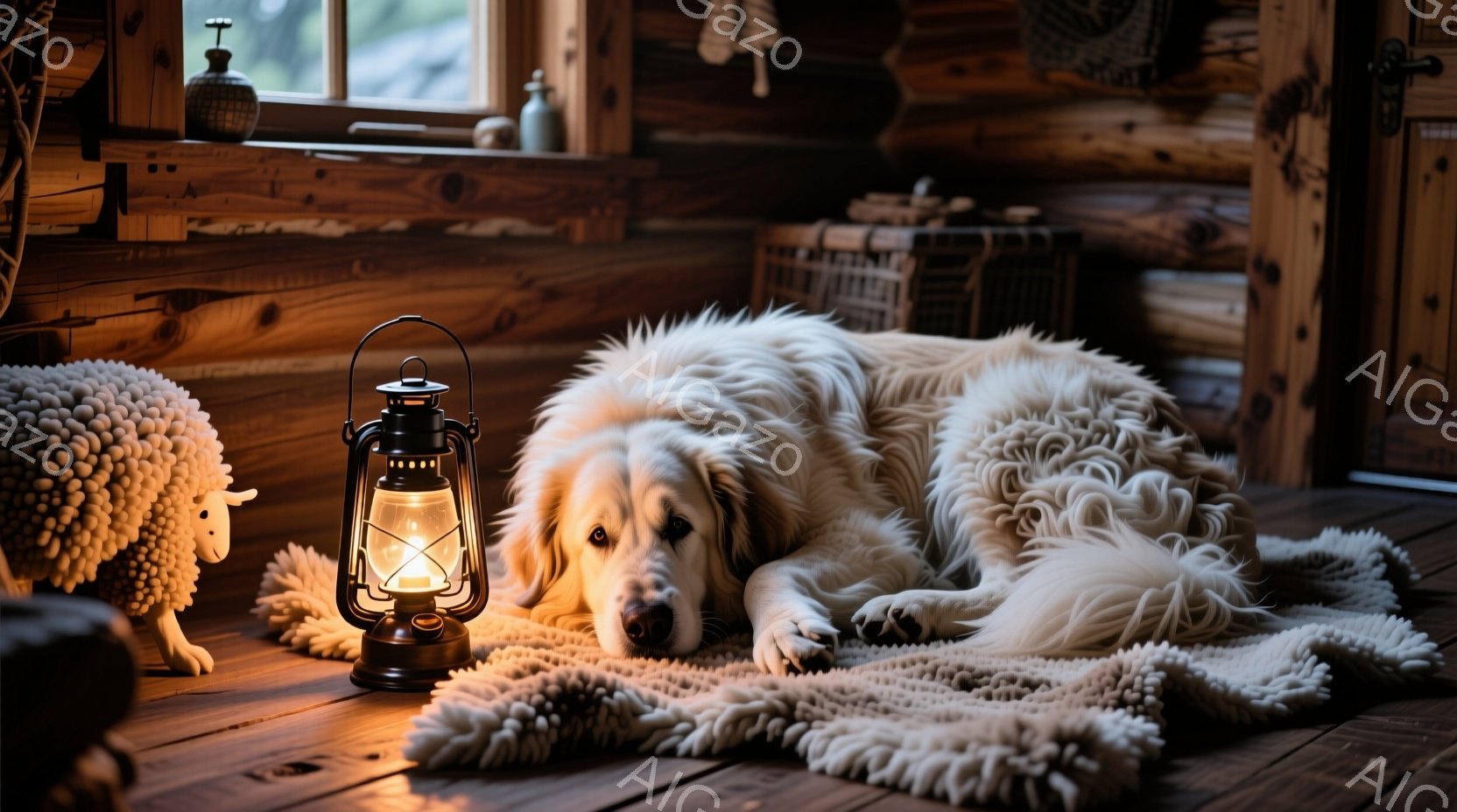暖炉のある木製の部屋で、ふわふわの白い犬がラグの上に横たわっています。傍らにはオイルランプが灯り、温かい光を投げかけています。背景には、手作りの雑貨や編み物のバスケットが見え、全体的に暖かく、居心地の - AI生成フリー素材