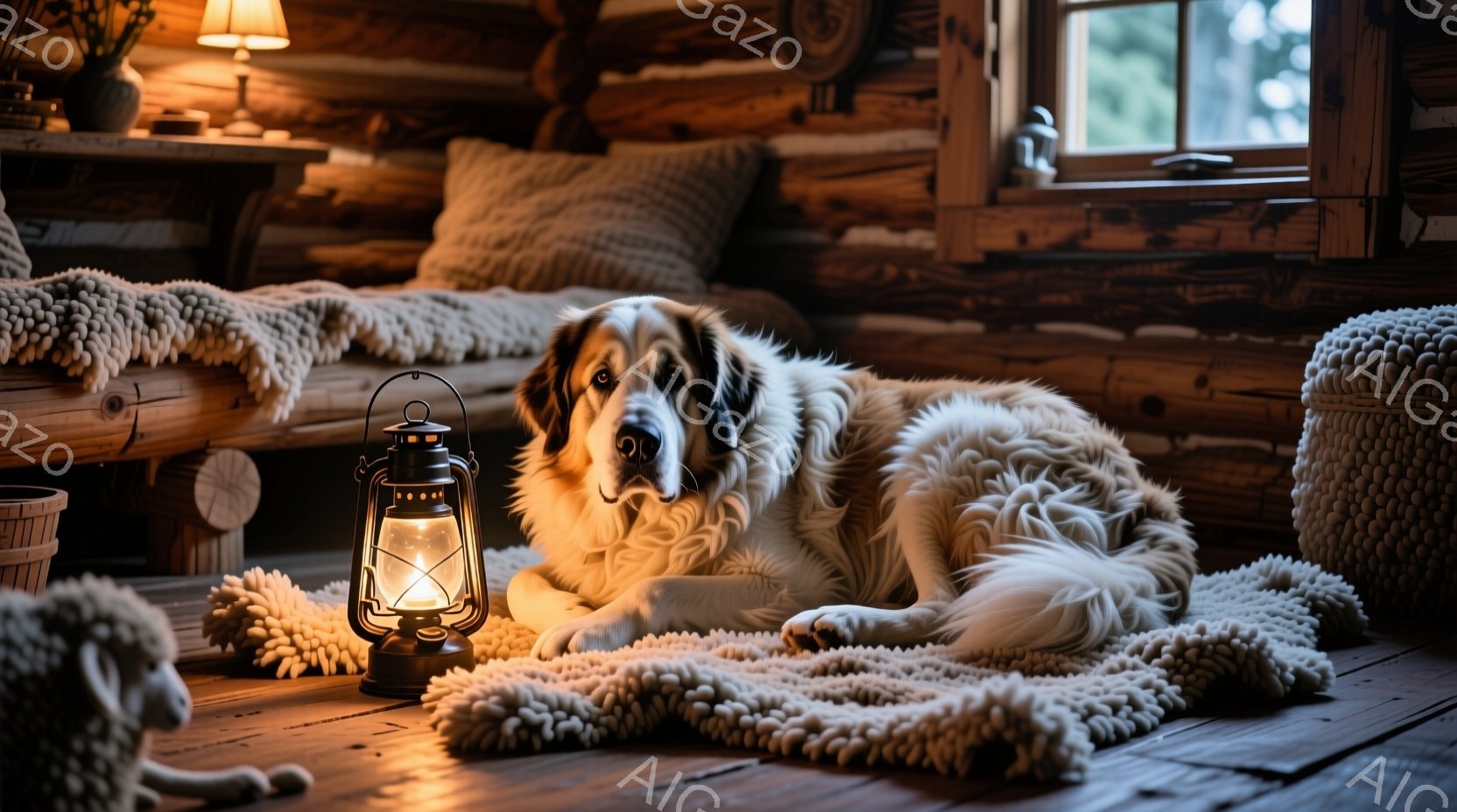 暖炉のある木製の部屋で、クリーム色の大きな犬がリラックスして横たわっています。犬は落ち着いた表情で、毛並みはふさふさとしており、床には毛皮のような敷物が敷かれています。部屋全体が暖かく、柔らかい光に包まれ、アンティーク調のランタンが暖かさを添えています。