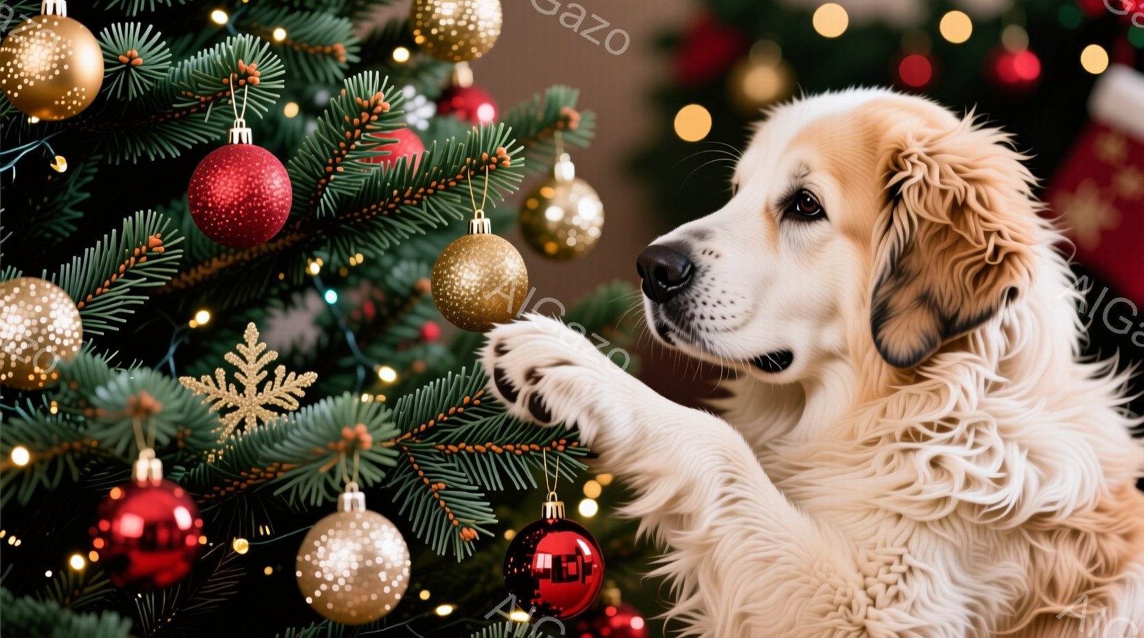クリーム色の毛並みの犬が、クリスマスツリーの枝に手を伸ばしている姿が写っている。ツリーは赤や金色のオーナメントで飾られ、背景はぼかされているが、暖かい光が灯っているのが見える。全体的に、穏やかで可愛ら - AI生成フリー素材