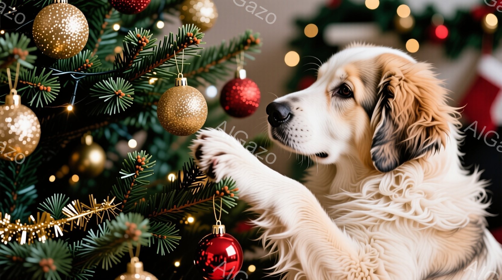 クリスマスツリーのそばで、クリーム色の毛並みを持つ犬が片足を伸ばして、オーナメントに触れようとしています。背景には、緑豊かなクリスマスツリーと、輝く金色のオーナメント、赤いボールが飾られており、温かく - AI生成フリー素材