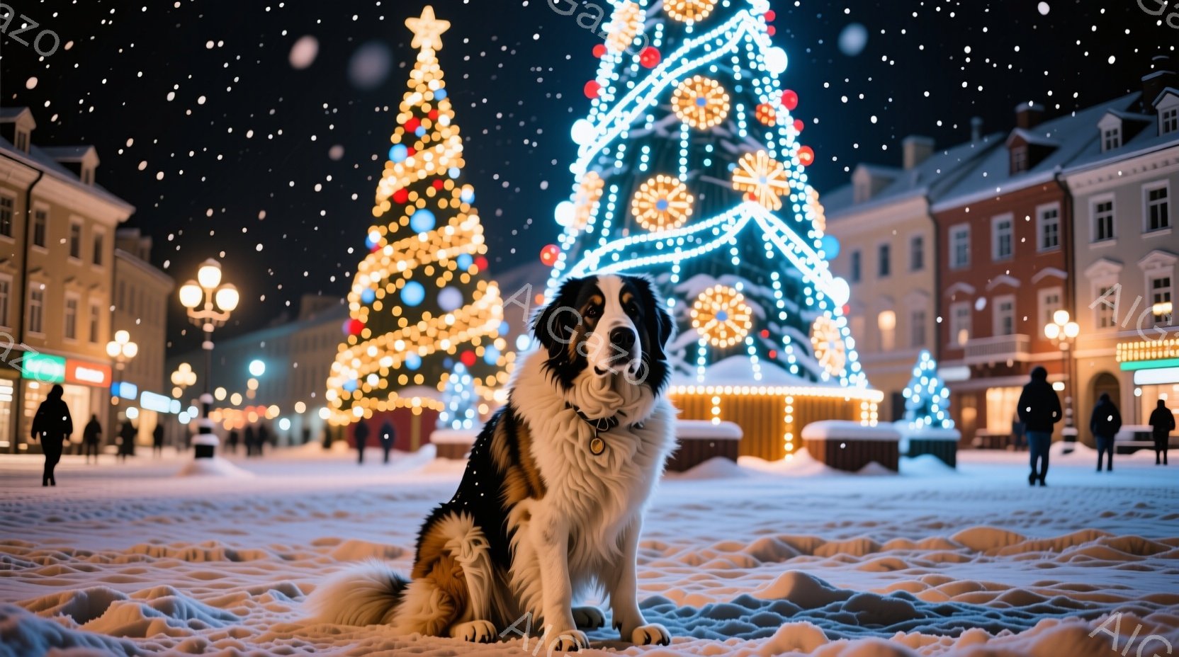 雪が降り積もる街の中心で、大きな毛並みの犬が座ってこちらを見つめています。背景には、色とりどりのライトで飾られた巨大なクリスマスツリーがあり、遠くには薄暗い建物と人影が見えます。全体的に、冬の暖かく幻 - AI生成フリー素材