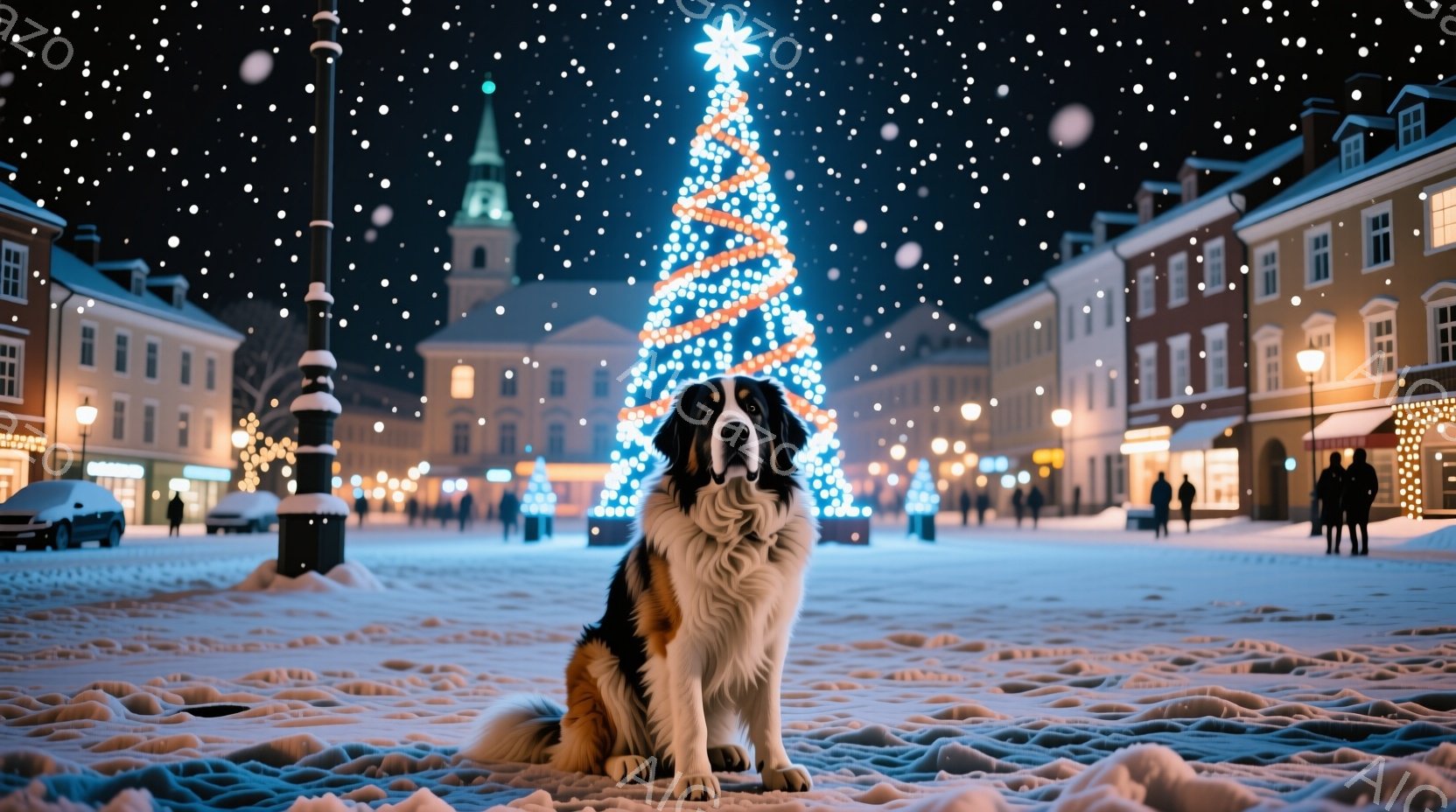 広場の中央に、毛並みの美しい大型犬が座っています。背景には、クリスマスツリーが輝き、周囲の建物は雪に覆われ、静かで幻想的な冬の夜の雰囲気が漂っています。人々は遠くにぼんやりと見え、全体的に穏やかで温か - AI生成フリー素材