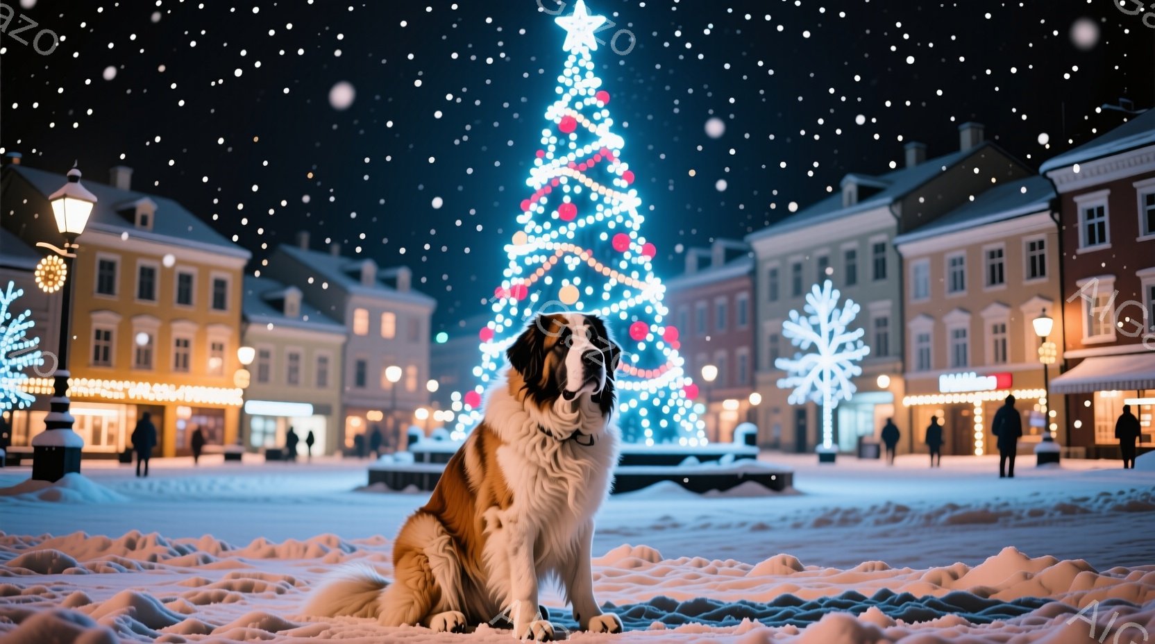 雪が降る夜の街並みを背景に、毛並みの美しいセントバーナード犬が正面を向いて座っています。犬は落ち着いた表情で、周囲のイルミネーションが暖かく光る中で、冬の夜の静けさを表現しています。背景には、クリスマ - AI生成フリー素材