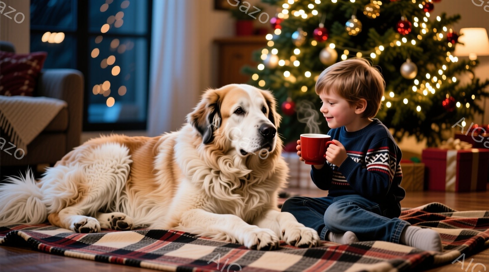 少年は赤いマグカップを両手で抱え、床に敷かれたチェックのブランケットの上で座っています。大きなゴールデンレトリバーが少年の横でリラックスして横たわり、互いに穏やかな視線を交わしています。背景にはクリス - AI生成フリー素材