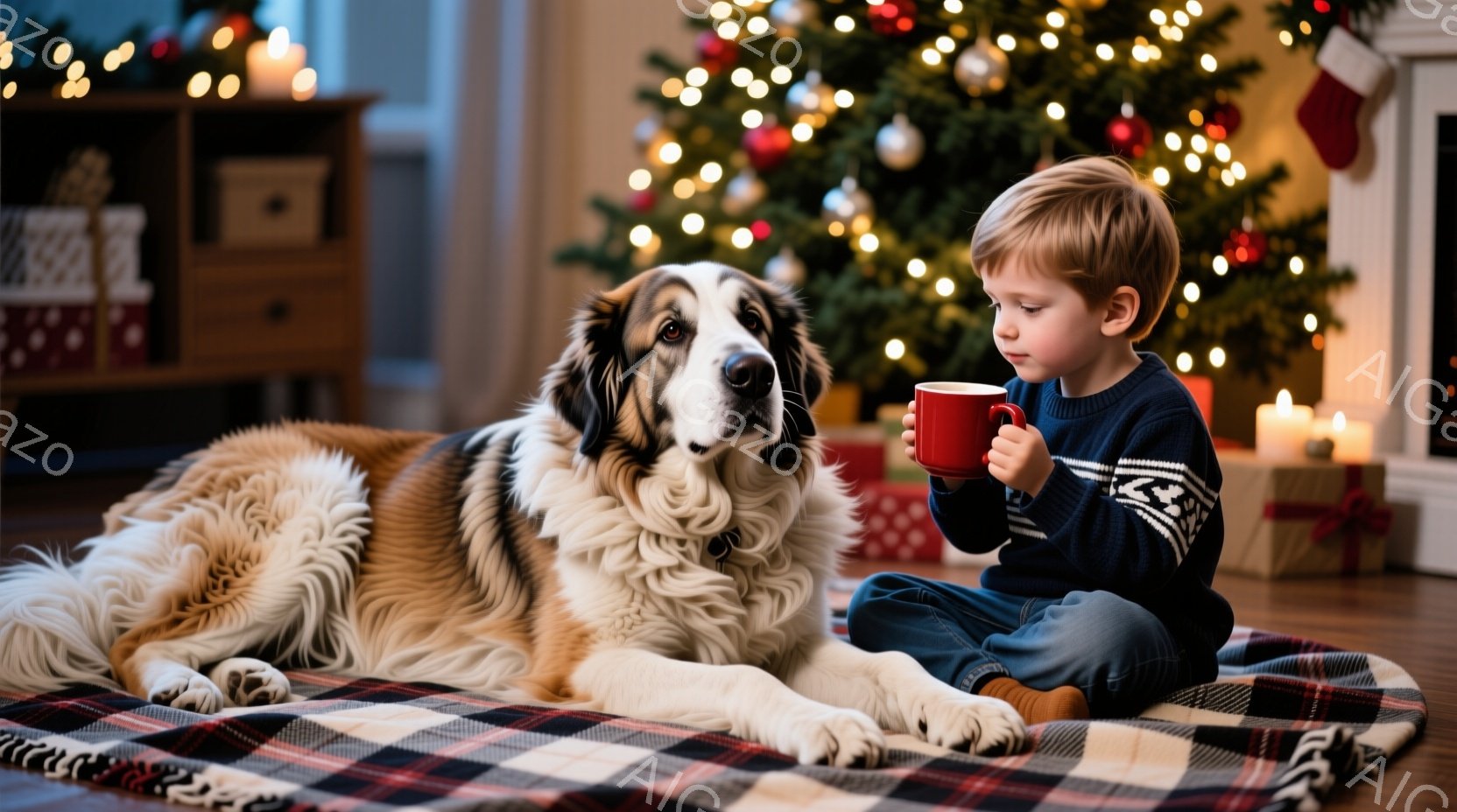 少年はチェック柄の敷物の上で、温かい飲み物を入れた赤いマグカップを手に抱え、少し上目遣いをして何かを見つめています。彼の隣には大きな白い犬が横たわり、落ち着いた様子でリラックスしています。背景にはクリ - AI生成フリー素材