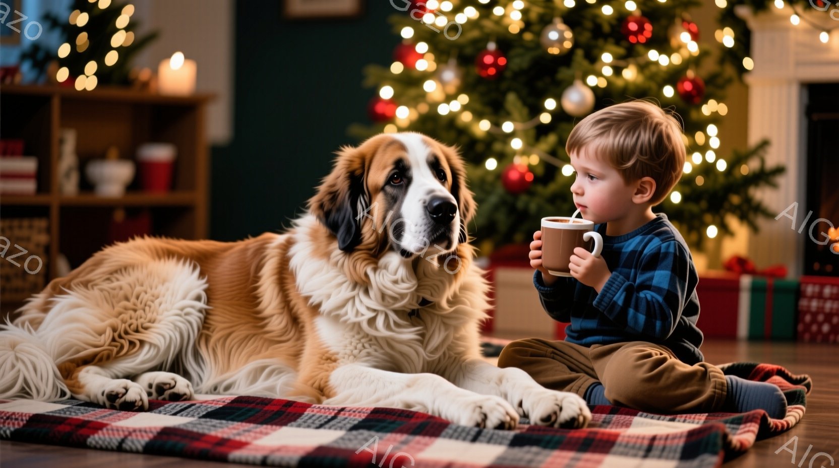 少年はチェック柄の敷物の上に座り、ホットドリンクが入ったマグカップを手に持っています。大きな犬が少年の隣で横たわり、見つめ合っています。背景にはクリスマスツリーが飾られ、プレゼントの箱が置かれ、暖かく - AI生成フリー素材