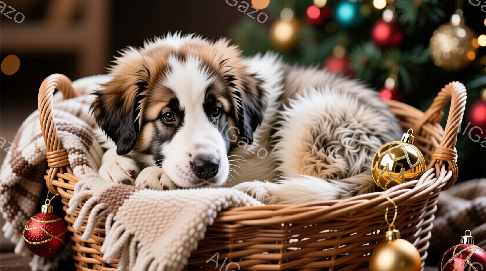籐のバスケットの中に、ふわふわの毛並みを持つ子犬が丸まって眠っています。子犬はクリーム色と茶色のまだら模様で、穏やかな表情をしています。背景にはぼやけたクリスマスツリーとオーナメントが見え、温かく、居心地の良い雰囲気を醸し出しています。