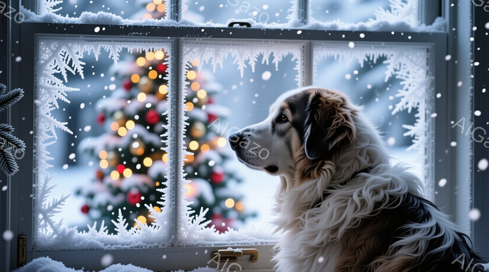 白い毛並みを持つ大型犬が、霜で覆われた窓の外を物憂げに見つめている。窓の外には、ぼんやりと光るクリスマスツリーが見え、雪が舞う冬の風景が広がっている。犬の表情は穏やかだが、どこか寂しげで、冬の静けさの - AI生成フリー素材