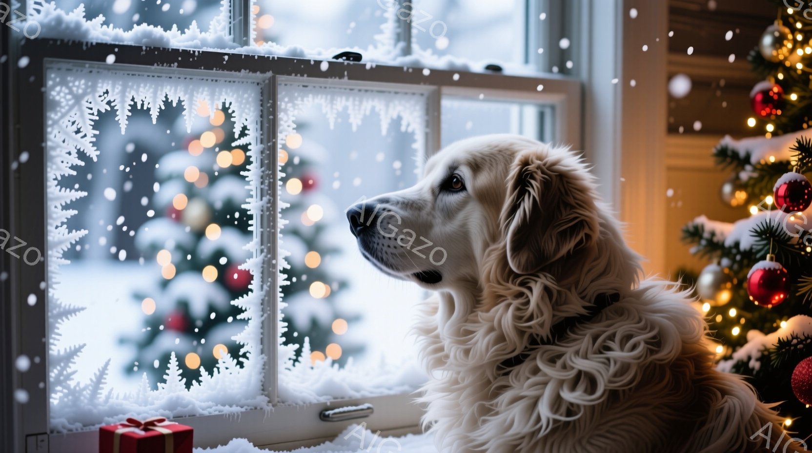 明るいクリーム色の毛並みを持つ大型犬が、赤い敷物の上に横たわっています。周りにはリボンのかかったプレゼントボックスが積み重ねられ、背景にはクリスマスツリーの緑と、赤いオーナメントが輝いています。犬は穏 - AI生成フリー素材