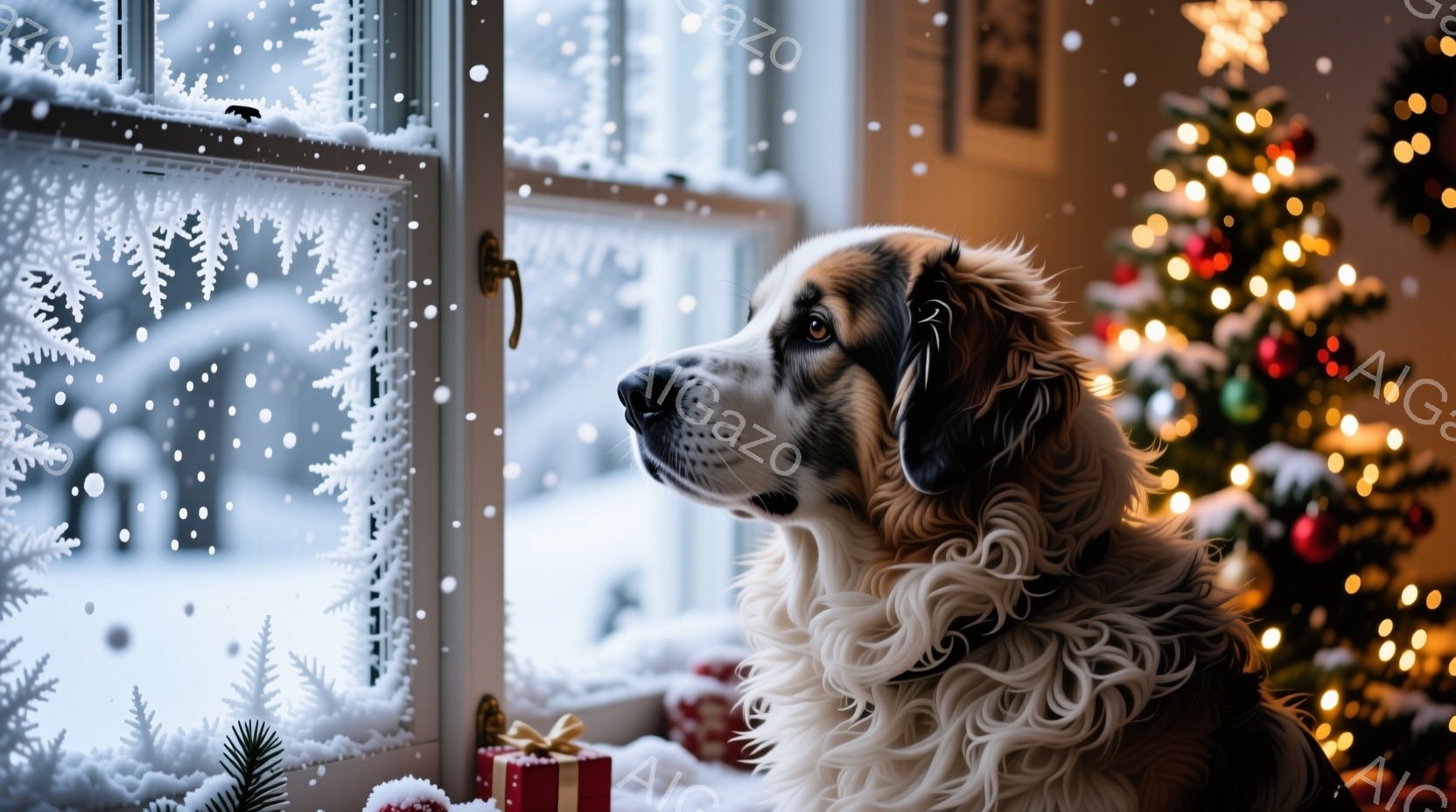 白い毛並みの大きな犬が、雪景色を眺めています。窓辺にはクリスマスプレゼントの箱が置かれ、奥には飾られたクリスマスツリーが暖かな光を放っています。雪が舞う冬の穏やかな雰囲気が漂い、犬は物憂げな表情で外を - AI生成フリー素材