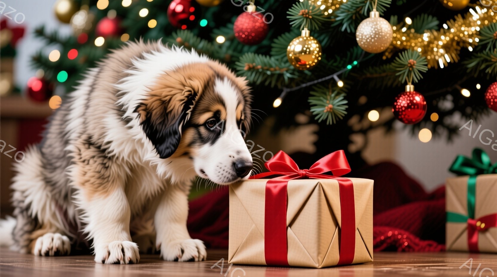 温かい光に包まれた室内で、子犬がプレゼントの箱に鼻を近づけています。茶色と赤のリボンで飾られた箱の隣には、緑色の包装紙で包まれた別のプレゼントも置かれています。背景には、クリスマスツリーが飾られ、キラ - AI生成フリー素材