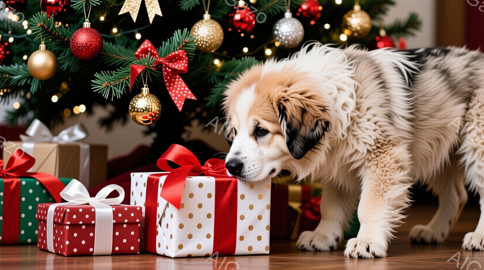 クリスマスツリーの足元に、赤と緑のドット模様のリボンで飾られたプレゼントの箱が並べられています。子犬はプレゼントに鼻を近づけ、興味津々で匂いを嗅いでいます。背景にはキラキラと光るクリスマスツリーが飾ら - AI生成フリー素材