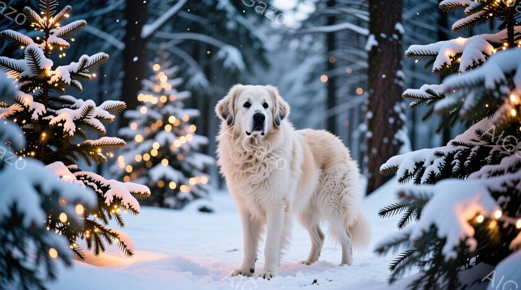 白い毛並みの大型犬が雪景色の中で立っている。背景には雪をまとった針葉樹がぼんやりと光を反射しており、幻想的な雰囲気を醸し出している。犬は正面を向き、穏やかな表情で、冬の静寂の中に佇んでいる様子が印象的 - AI生成フリー素材