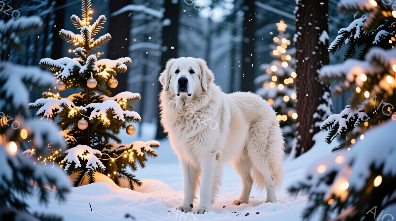 白くふさふさした大型犬が雪景色の中に立っている。背景にはクリスマスツリーが飾られ、雪の降る森の中で暖かい光が灯っている。犬は正面を向き、穏やかな表情で冬の静寂の中にたたずんでいる。