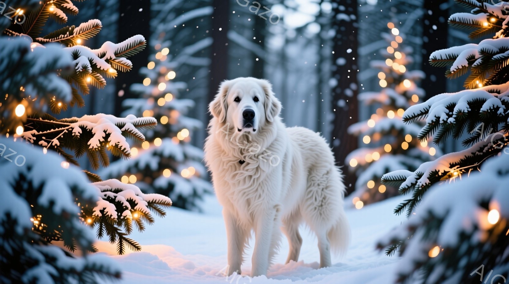 雪が降る森の中で、真っ白な毛並みの大型犬が立っている。周囲には雪に覆われた針葉樹があり、ぼんやりとした光の粒が幻想的な雰囲気を醸し出している。犬は正面を見据え、穏やかで落ち着いた表情をしている。 - AI生成フリー素材