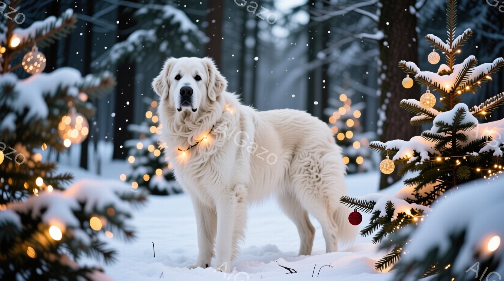 白い毛並みの大型犬が雪景色の中で立っている。犬の首にはオレンジ色のイルミネーションライトが巻き付けられており、背後には飾り付けられたクリスマスツリーが二本見え、雪が舞う冬の森の雰囲気を醸し出している。 - AI生成フリー素材